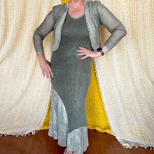 VTG 90s Damianou Silver Mesh/Lace Sexy Party Prom Evening Gown 2-Piece